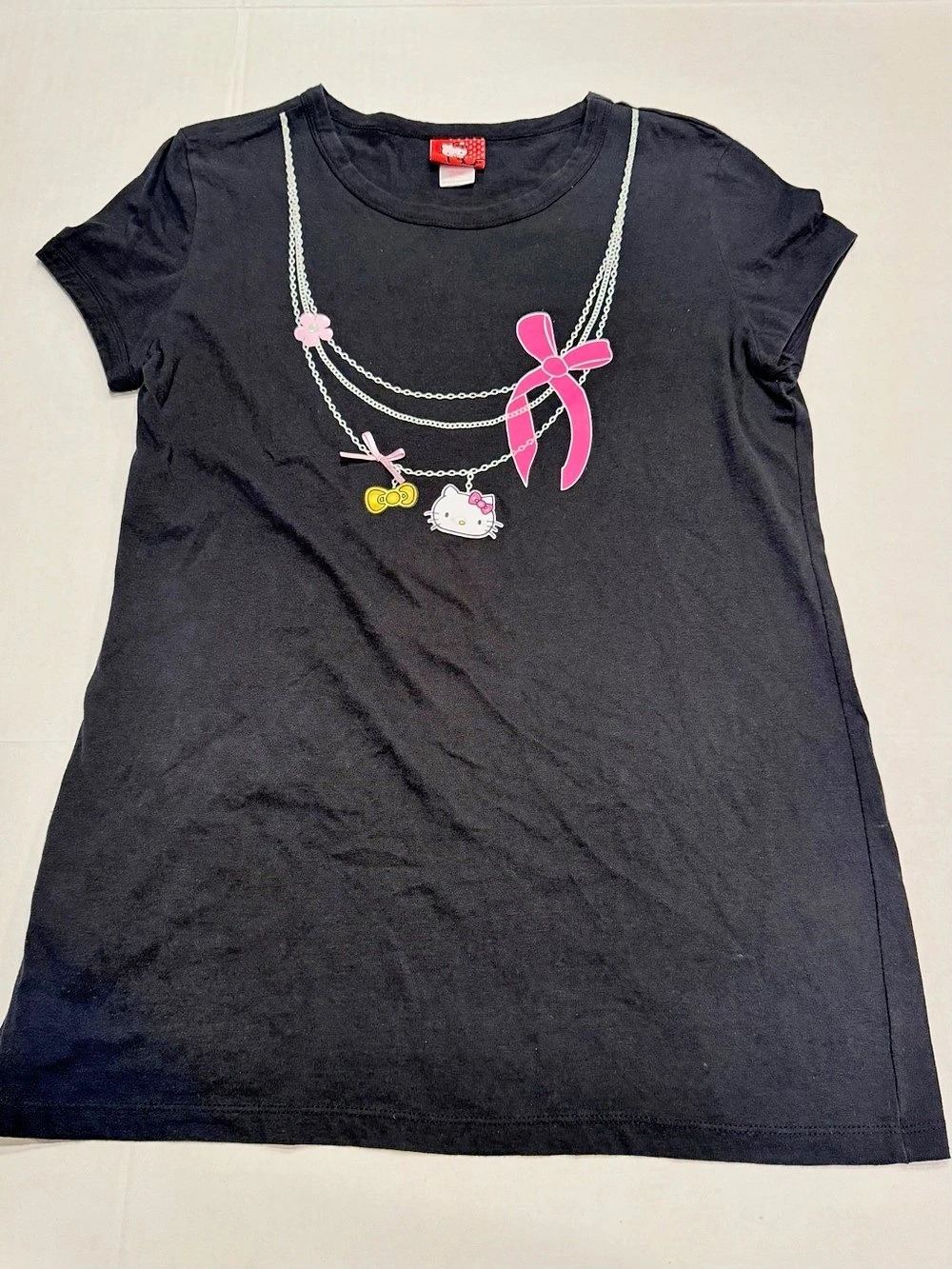 Sanrio Hello Kitty Size XL Black Pink Sleep Top T shirt Necklace Bow Charm